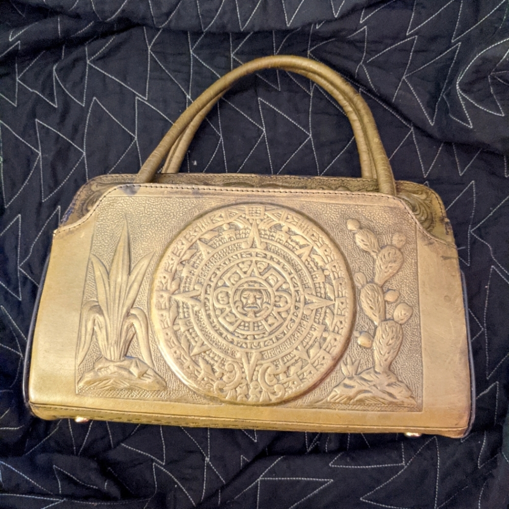 Vintage Aztec Design Tooled Leather Mont-Abur Handbag, Made in Mexico, 70s